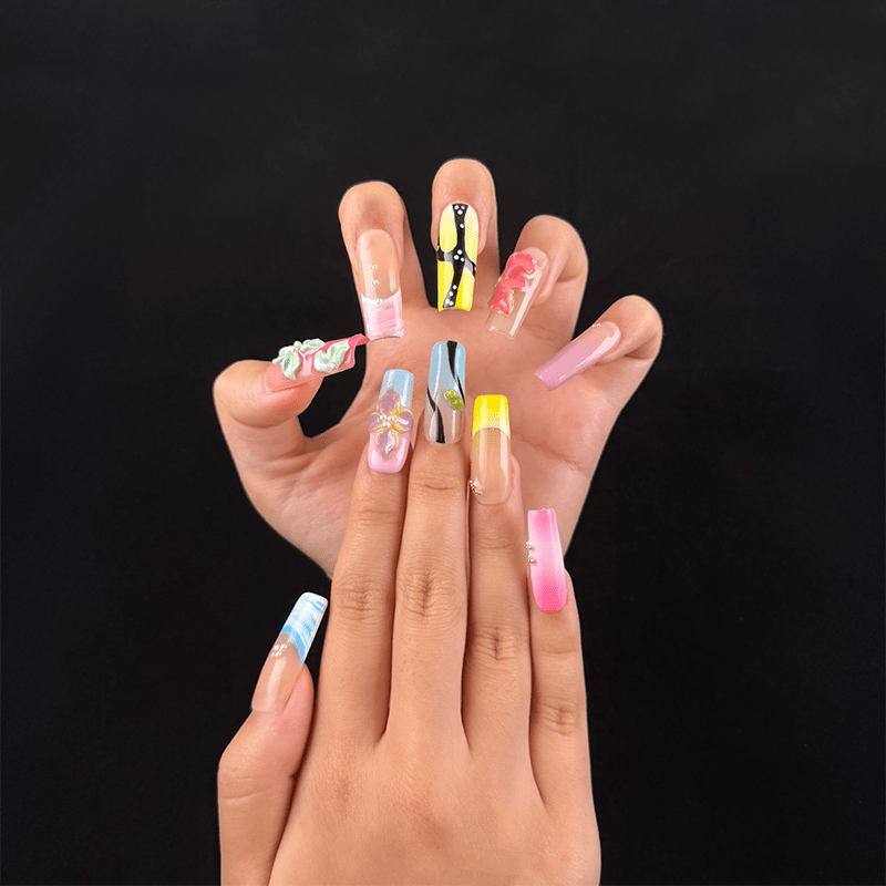 17 - Noah-UlightLong square press on nails with mint green pink and lavender flowers