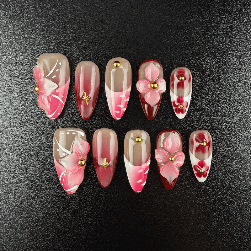 18 - Noah-UlightPink burgundy floral almond press on nails with 3D blossom flowers