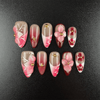 18 - Noah-UlightPink burgundy floral almond press on nails with 3D blossom flowers