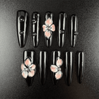20 - Noah-UlightBlack stiletto press on nails with pink 3D flowers and clear rhinestones