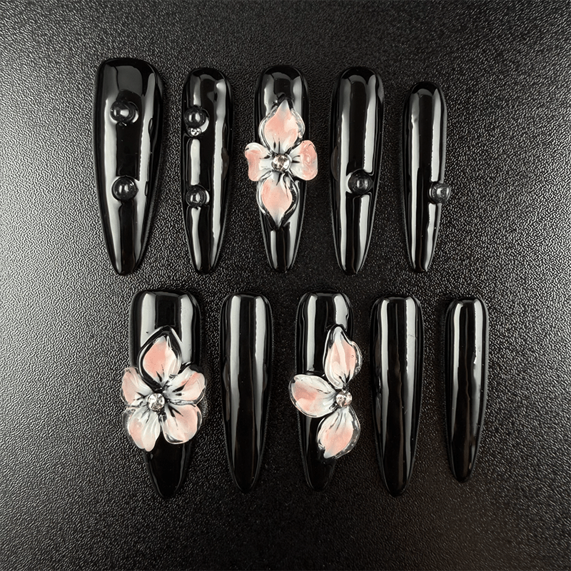 20 - Noah-UlightBlack stiletto press on nails with pink 3D flowers and clear rhinestones