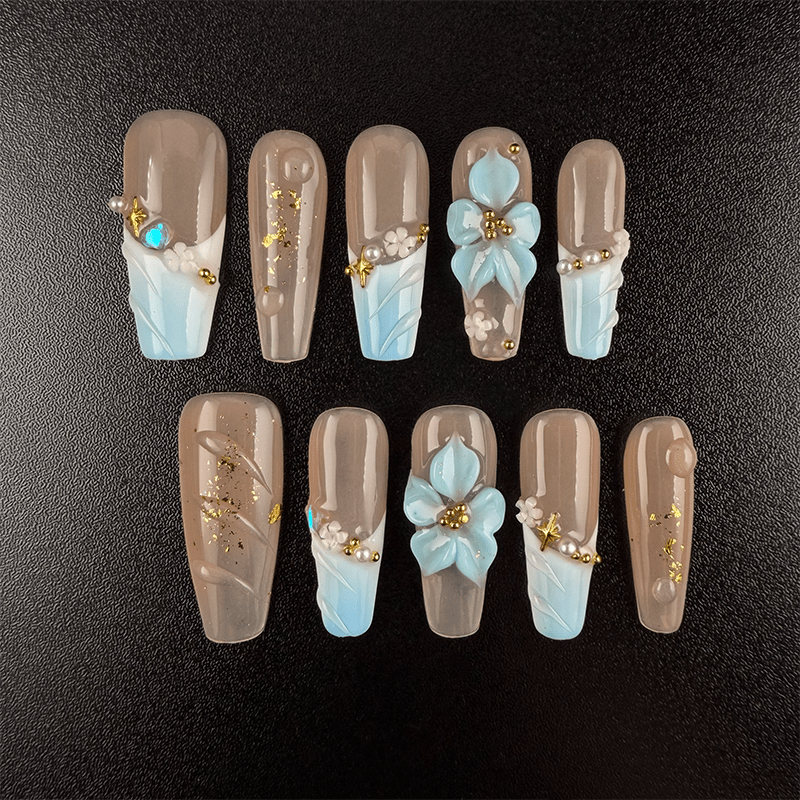 21 - Noah-UlightBaby blue floral coffin press on nails with pastel French tips and 3D flowers