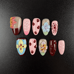 23 - Noah-UlightCherry floral almond press on nails with colorful 3D flowers