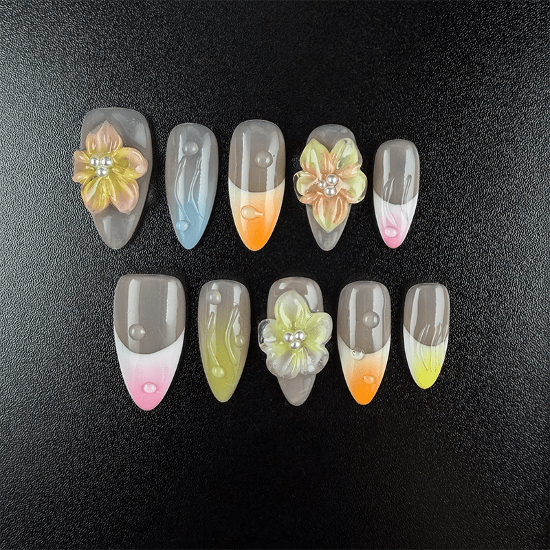 28 - Noah-UlightPastel press on nails with multicolor gradient French tips and floral details