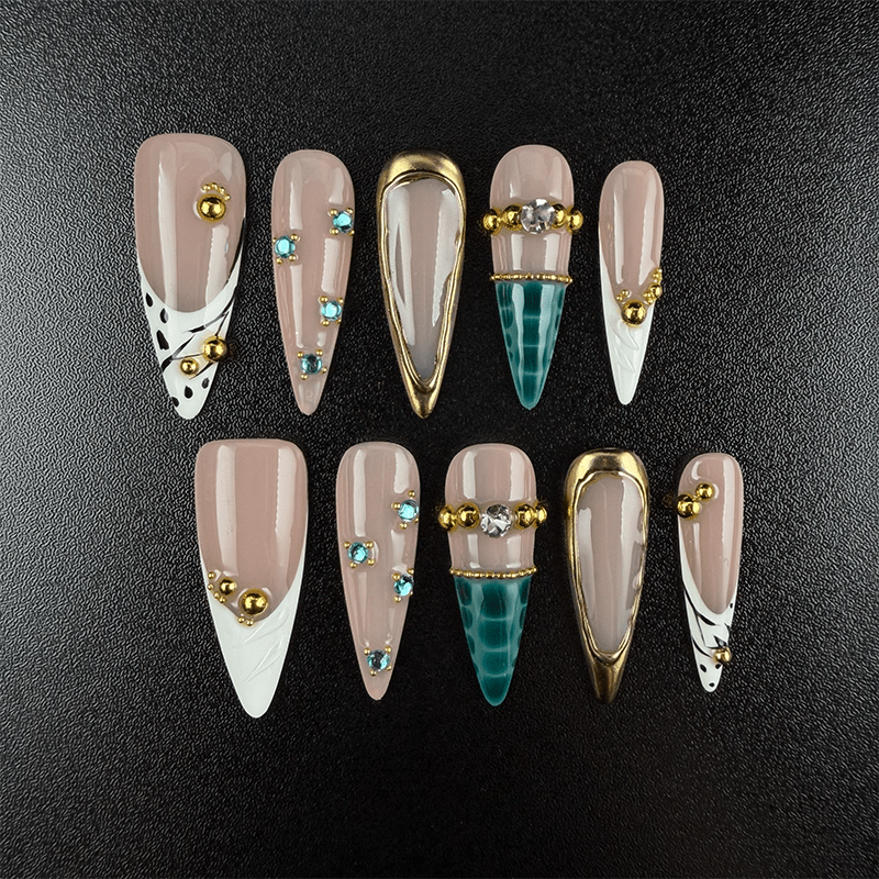 30 - Noah-UlightBlack nude almond press on nails with silver chain and 3D flower details