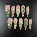 32 - Noah-UlightPink sage green ombre press on nails with 3D cherry blossoms and jade accents