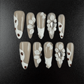 34 - Noah-UlightBrown polka dot stiletto press on nails with white 3D flowers and rhinestones