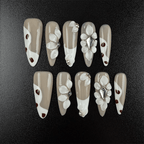 34 - Noah-UlightBrown polka dot stiletto press on nails with white 3D flowers and rhinestones