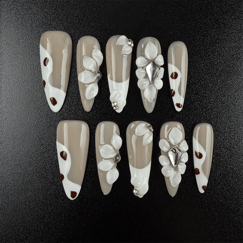 34 - Noah-UlightBrown polka dot stiletto press on nails with white 3D flowers and rhinestones