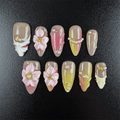 36 - Noah-UlightPink yellow gradient almond press on nails with 3D flowers and pearl chains