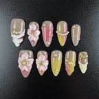36 - Noah-UlightPink yellow gradient almond press on nails with 3D flowers and pearl chains