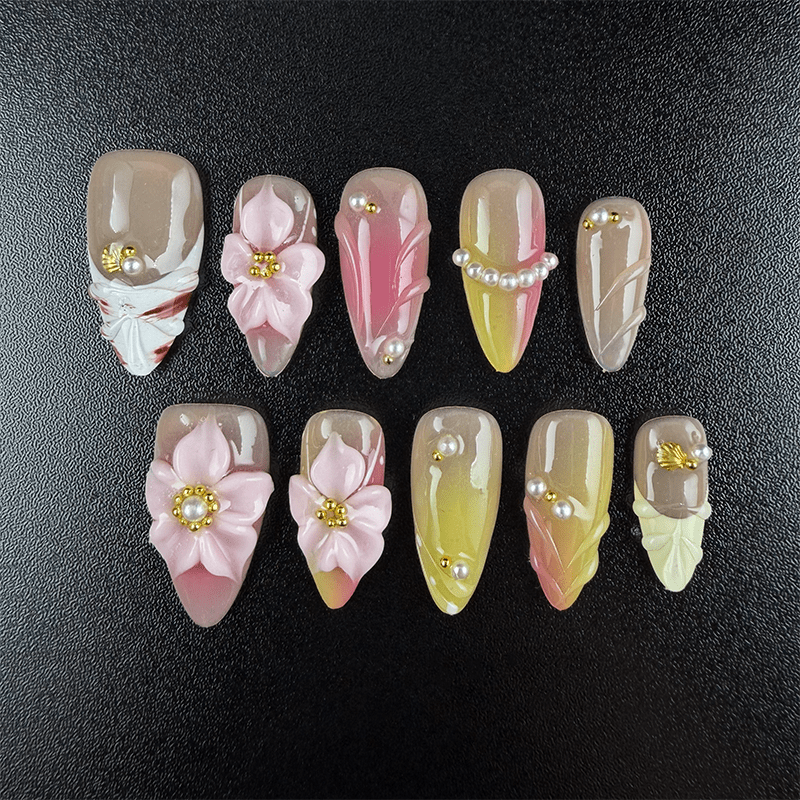 36 - Noah-UlightPink yellow gradient almond press on nails with 3D flowers and pearl chains
