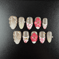 39 - Noah-UlightPink polka dot almond press on nails with red 3D flowers and pearl accents