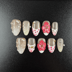 39 - Noah-UlightPink polka dot almond press on nails with red 3D flowers and pearl accents