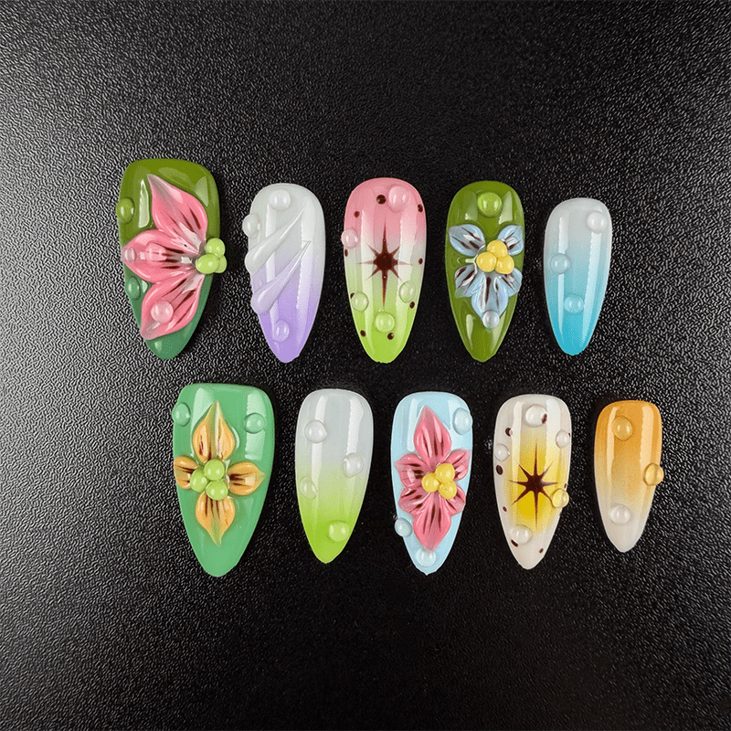 40 - Noah-UlightColorful spring gradient almond press on nails with 3D flowers and star details