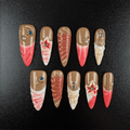 44 - Noah-UlightCoffee pink stiletto press on nails with floral patterns and crystal rhinestones