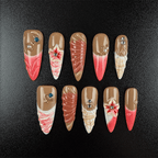 44 - Noah-UlightCoffee pink stiletto press on nails with floral patterns and crystal rhinestones