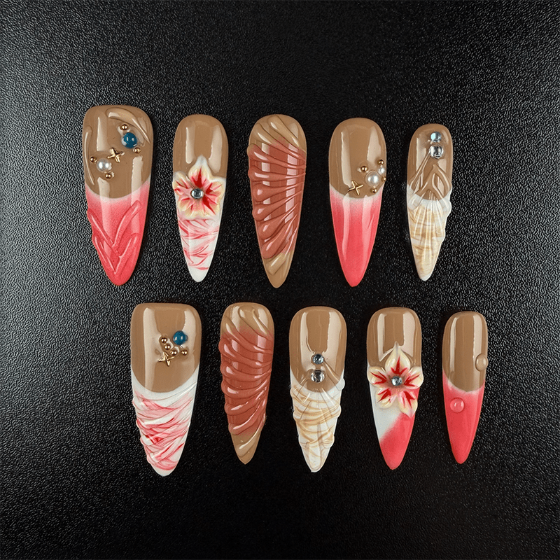 44 - Noah-UlightCoffee pink stiletto press on nails with floral patterns and crystal rhinestones