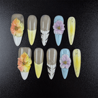 45 - Noah-UlightPastel yellow blue almond press on nails with 3D flowers and silver glitter