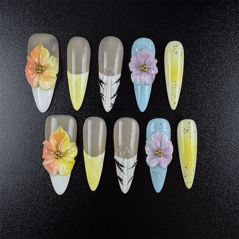 45 - Noah-UlightPastel yellow blue almond press on nails with 3D flowers and silver glitter