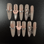 49 - Noah-Nude glitter almond press on nails with pink bow and silver butterfly details