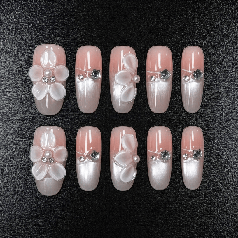 57 - Noah-UlightPink chrome square press on nails with 3D flowers and pearl accents