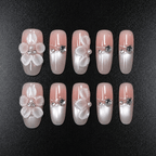 57 - Noah-UlightPink chrome square press on nails with 3D flowers and pearl accents