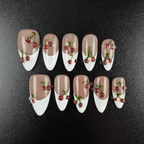 Almond French tip press on nails with 3D cherry decorations