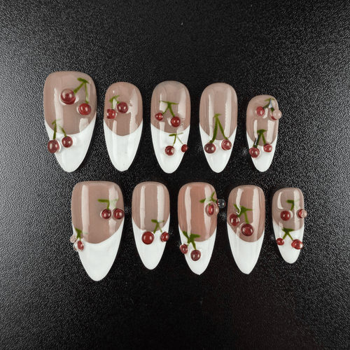 Almond French tip press on nails with 3D cherry decorations