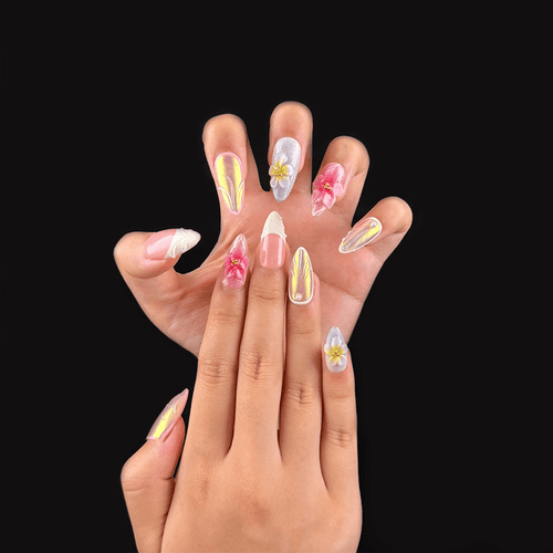 Medium almond aurora chrome press-on nails on hand
