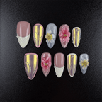 Aurora chrome almond press-on nails with pink flowers