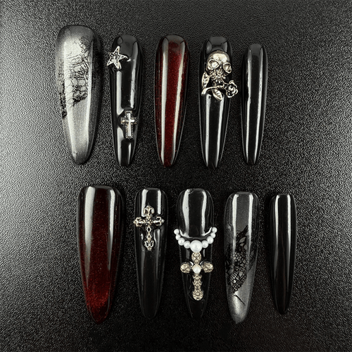 Black burgundy goth stiletto press-on nails with glitter gradient