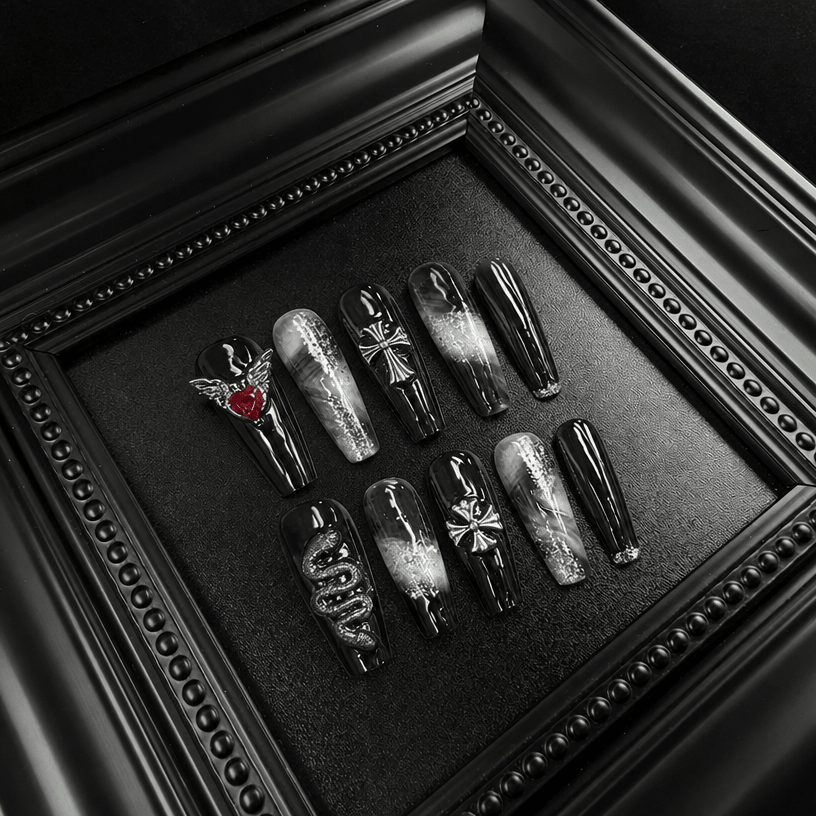 Black gothic press-on nail set with smoky translucent accentsa