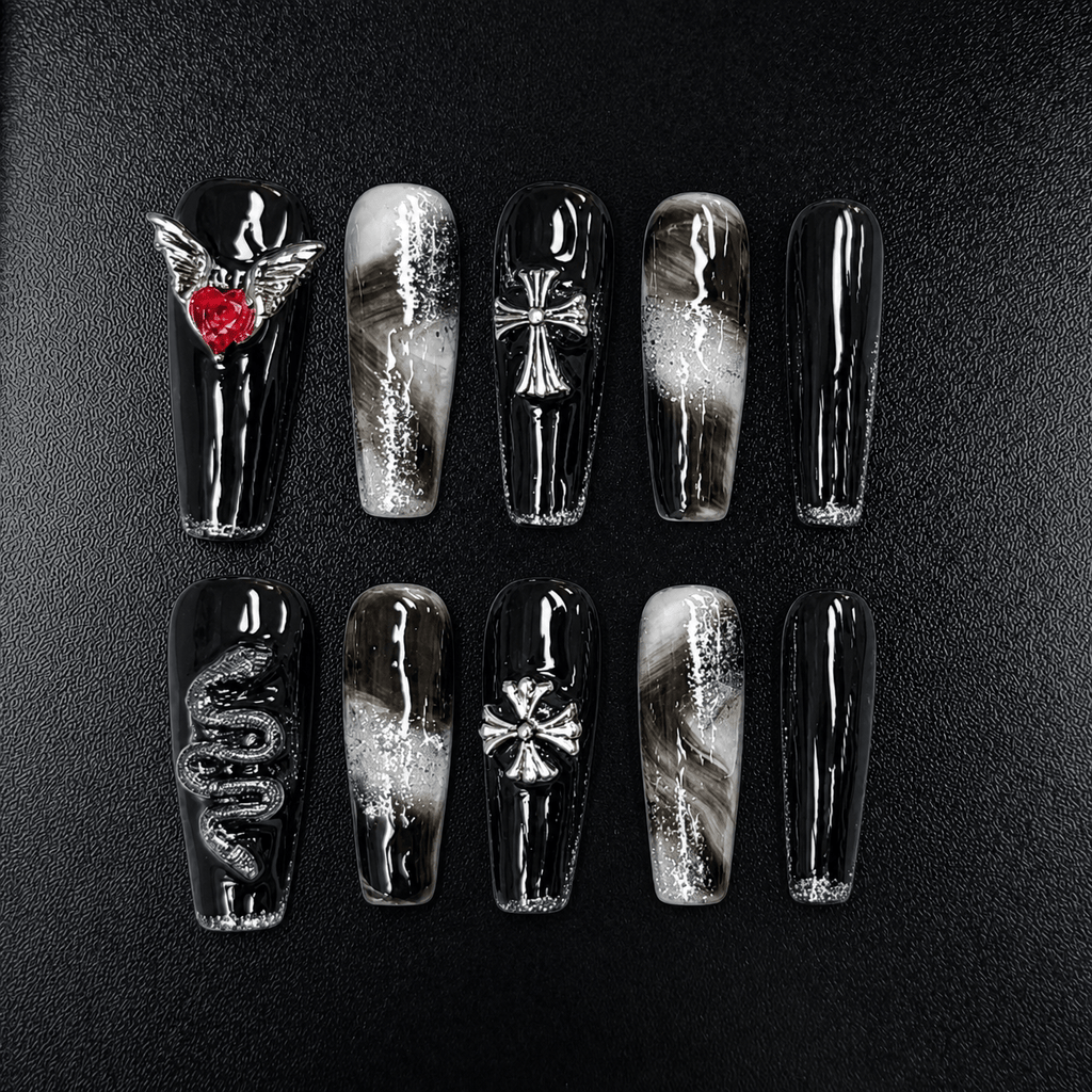 Black gothic press-on nails with silver glitter and red heart charm