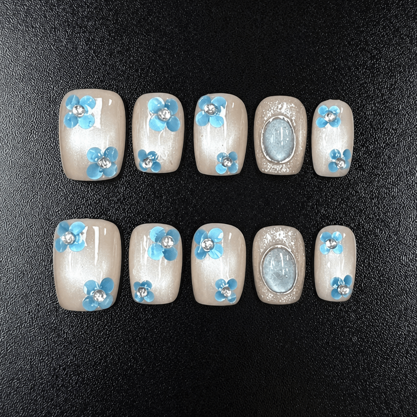 Blue 3D flower press-on nails with short square nude design
