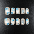 Blue 3D flower press-on nails with short square nude design