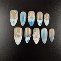 Blue floral almond press-on nails with white 3D flowers