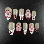Burgundy floral almond press on nails with white French tips and rhinestones