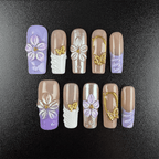 Lavender square press-on nails with purple floral details