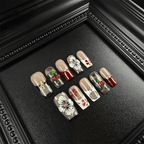 Red French tip long square press on nails with floral details
