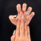 Long square red and black coquette press on nail design