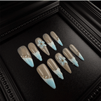 White pearls and gold beads on blue floral press on nails