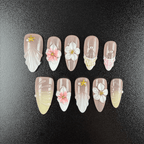 Nude gradient beach press-on nails with 3D flowers
