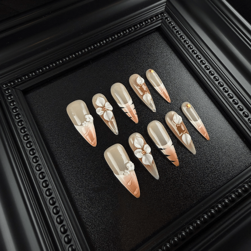 Long nude gradient press-on nails with thin French tips