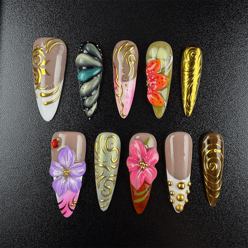Nude stiletto press-on nails with 3D floral details