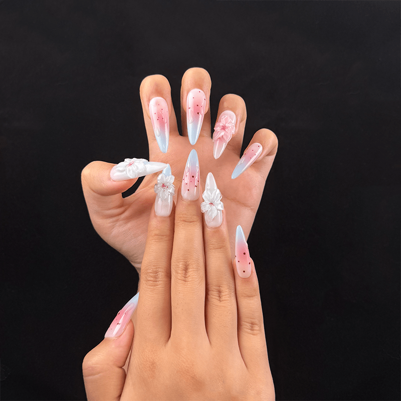 Extra long stiletto pink blue gradient press-on nails on hand
