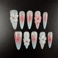 Pink blue gradient press-on nails with cherry blossom design