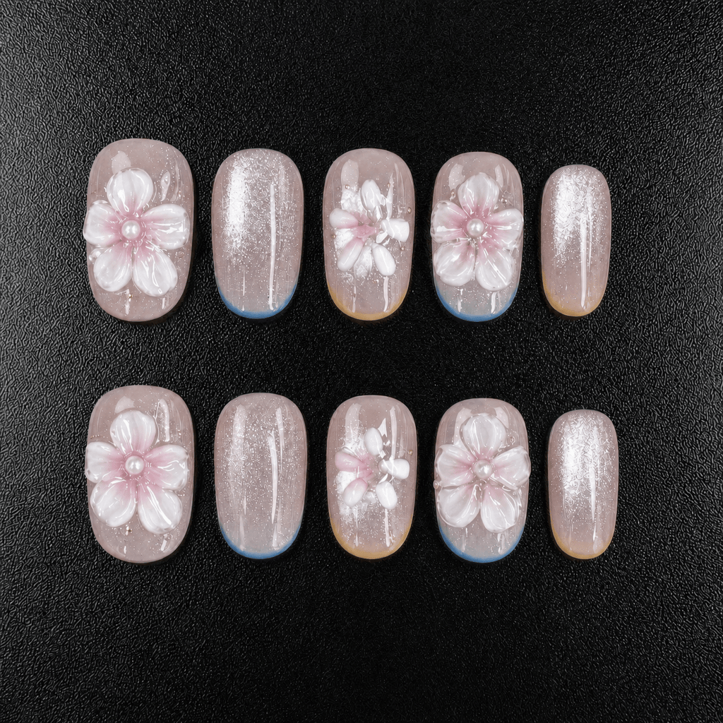 Pink 3D flower press-on nails with glitter and pearl details
