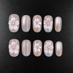 Pink 3D flower press-on nails with glitter and pearl details