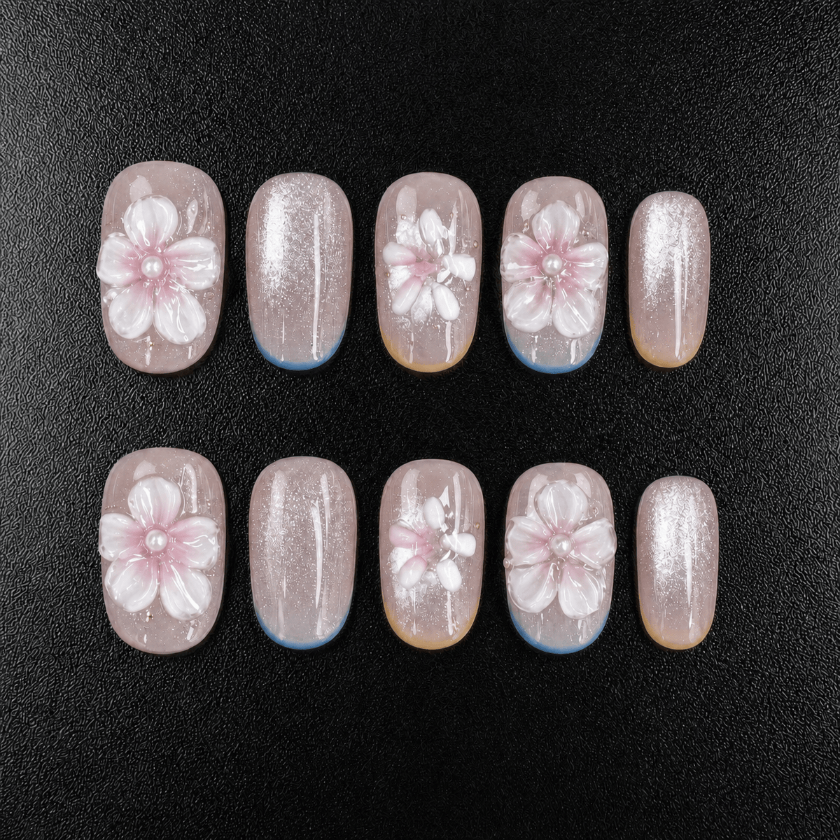 Pink 3D flower press-on nails with glitter and pearl details